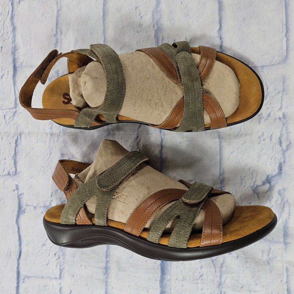 SAS Strappy Sandals Womens 9.5 Brown Green Leather Suede Comfort Walking Shoes